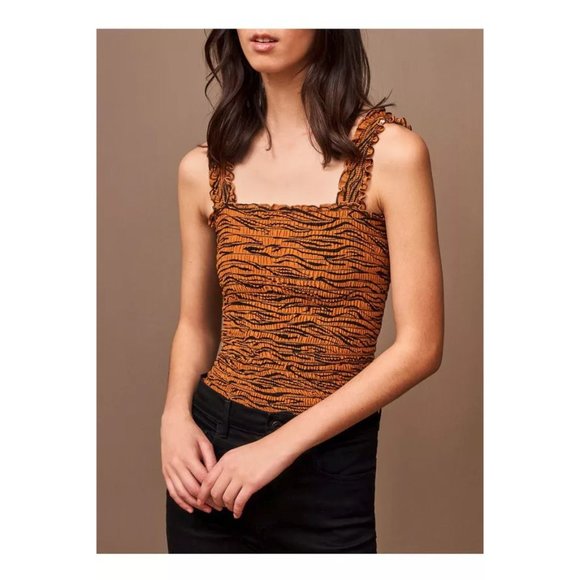 La Ligne Tops - La Ligne Vera Cognac Tiger Smocked Tank Top